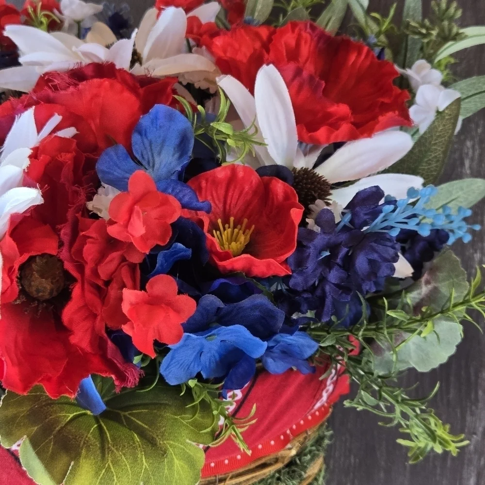 Handmade Patriotic Floral Basket Door Hanger Wreath 4th Of July Summer Wreath